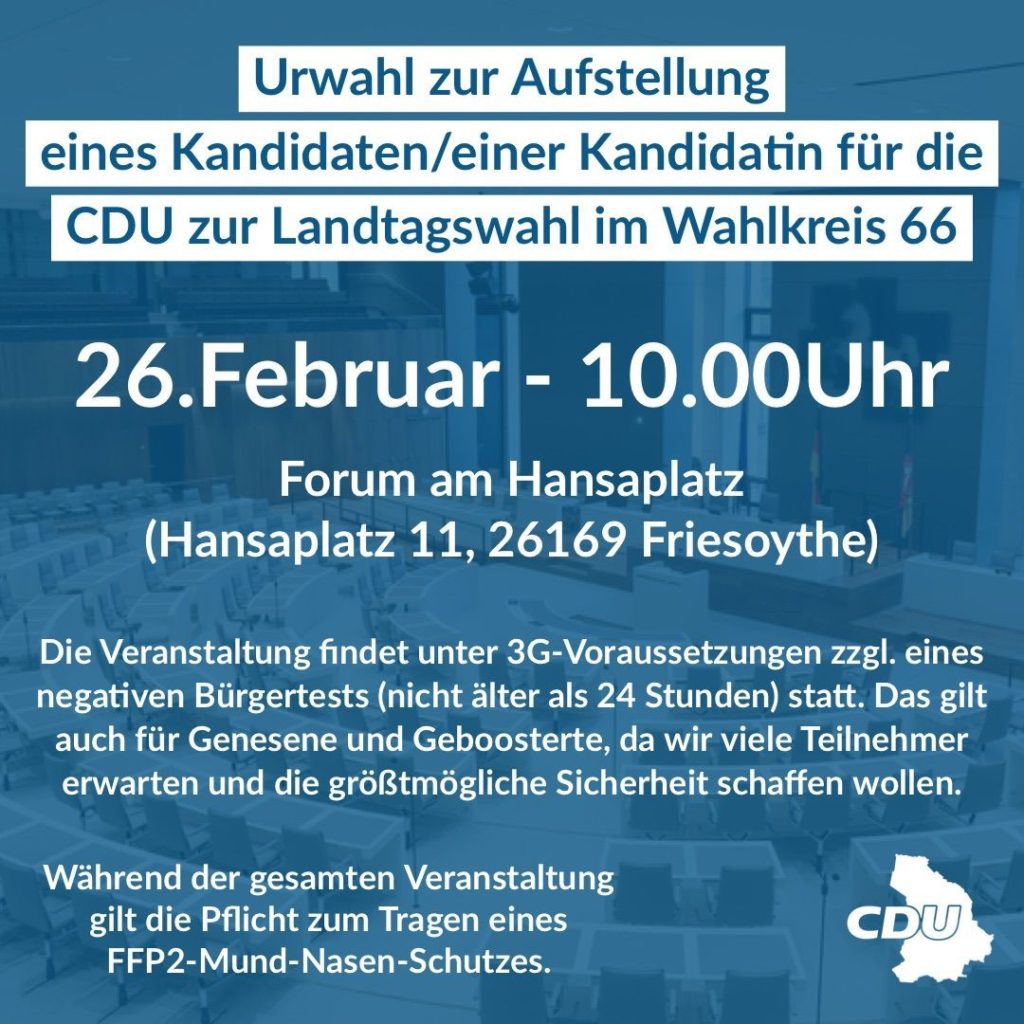 CDU-Mitgliedervollversammlung entscheidet über Nachfolge von Karl-Heinz Bley – Stimmabgabe auch vor dem Hansaforum möglich