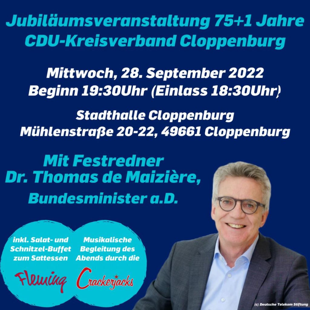 Letzte Chance: 75+1 Jubiläum des CDU-Kreisverbandes Cloppenburg am 28. September 2022