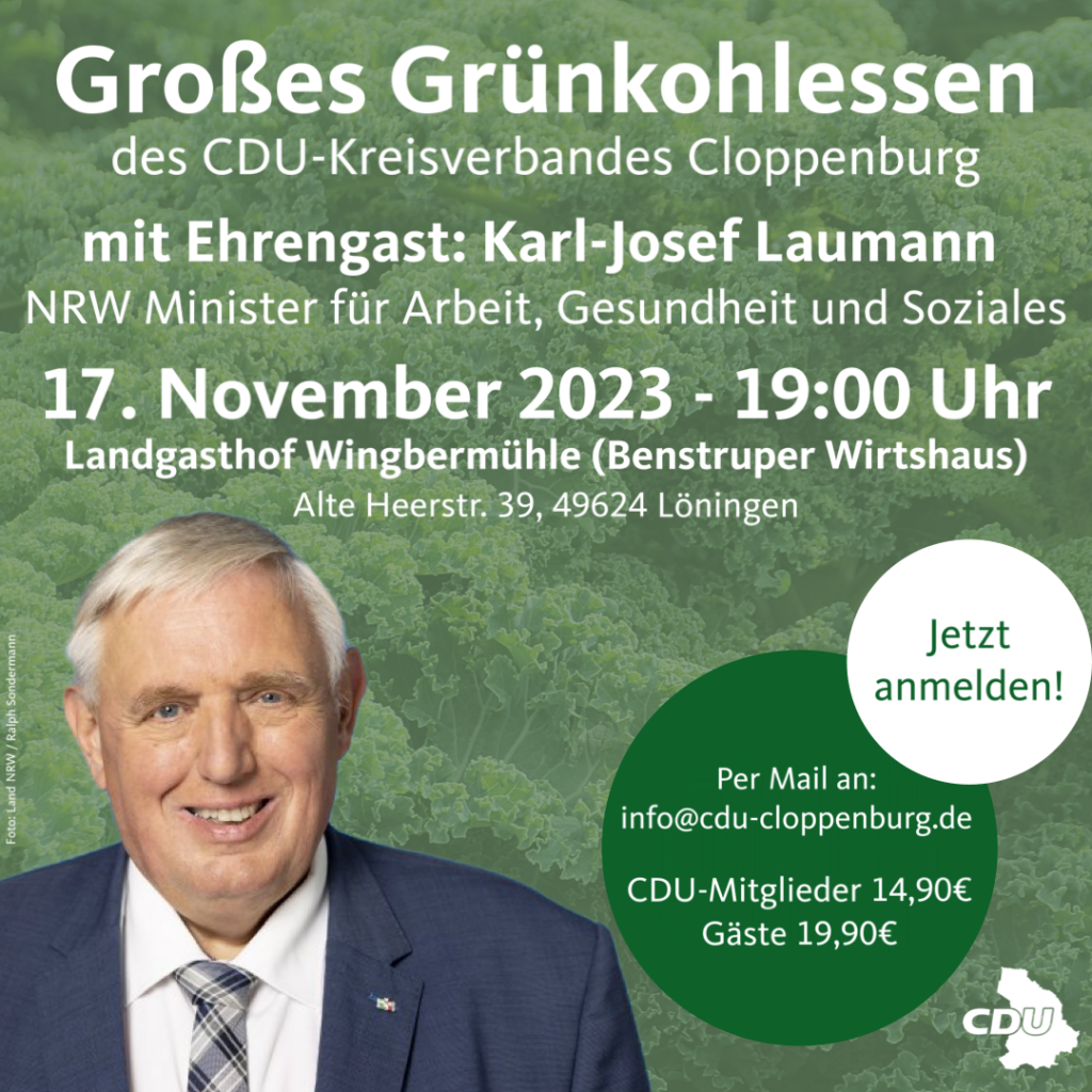 Jetzt Anmelden: Großes Grünkohlessen mit NRW-Gesundheitsminister Karl-Josef Laumann am 17.11.