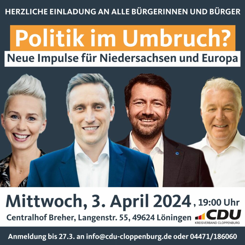 Veranstaltungshinweis: CDU-Niedersachsenchef Sebastian Lechner in Löningen am 3. April